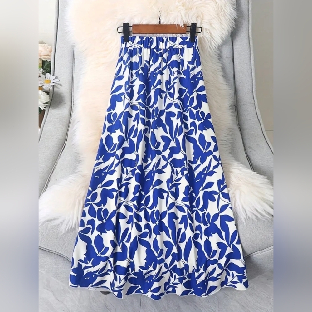 Skirt  Blue White Elastic Waist Lightweight A-line Boho Midi Maxi Skirts - Picture 3 of 6